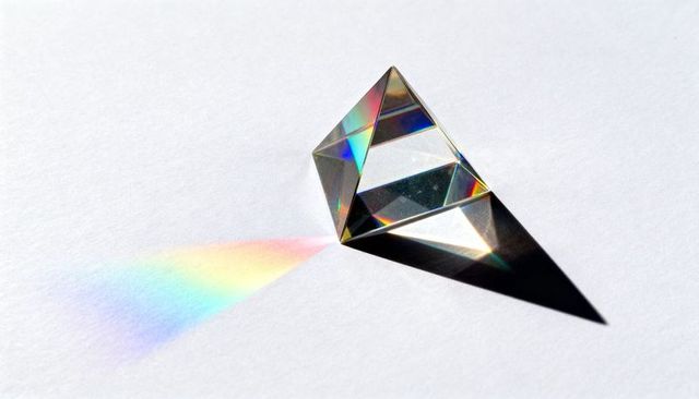 Crystal prism refracting rainbow light casting triangular shadow on textured white paper