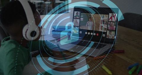 Child Wearing Headphones Studying Remotely with Laptop, Virtual Classroom and Security HUD