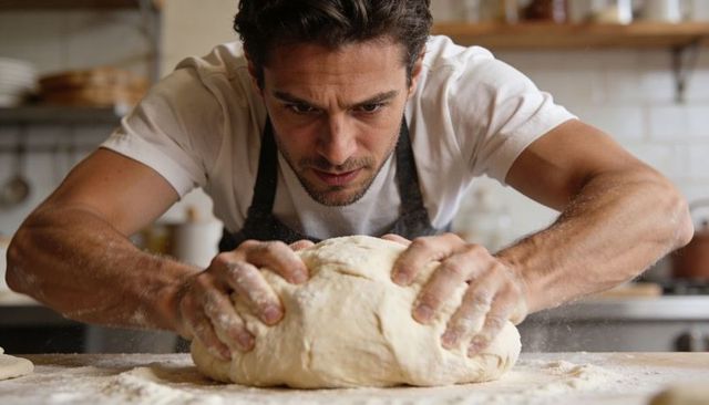 Focused artisan baker kneading large dough on floured countertop in rustic kitchen
