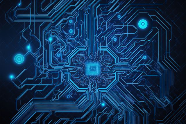 Image of computer circuit board and blue light trails on dark background - Download Free Stock Photos Pikwizard.com
