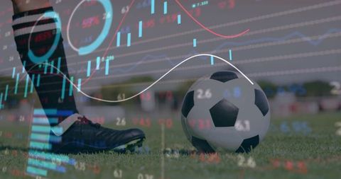 Soccer player preparing kick with cleat beside ball on pitch with overlaid market charts