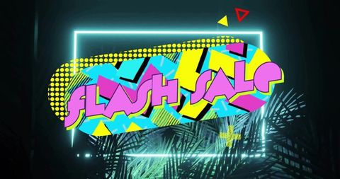Retro neon flash sale banner with cyan frame and palm fronds, geometric pop art bold