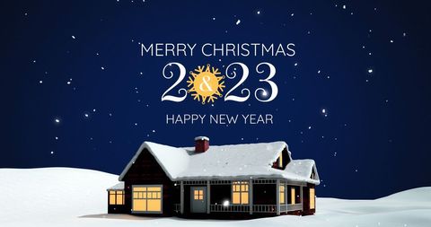 Festive Winter Cabin at Night with Merry Christmas 2023 Text