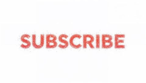 Red spray paint SUBSCRIBE typography on white background with scattered speckle effect