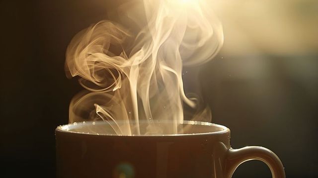 Steaming ceramic mug emitting curling vapor with warm backlight and golden bokeh glow