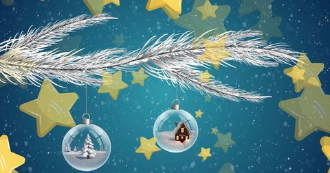 Festive Holiday Ornaments with Winter Scenes on Branch