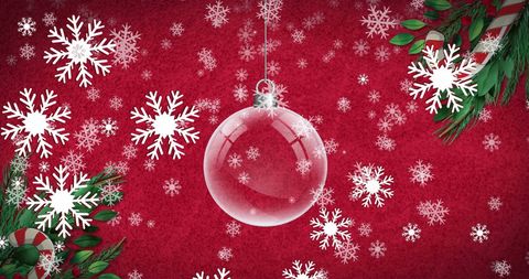 Festive Christmas Bauble with Falling Snowflakes on Red Background - Download Free Stock Images Pikwizard.com