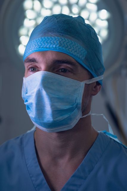 Male surgeon in surgical mask standing in operation room at hospital