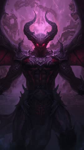 Vertical Demon Lord Standing in Purple Void with Glowing Red Eyes, Spiked Armor