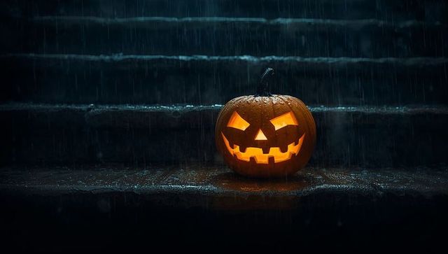 Eerie rainy halloween night with glowing jack-o'-lantern