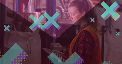 Female Worker in Industrial Setting with Abstract Design