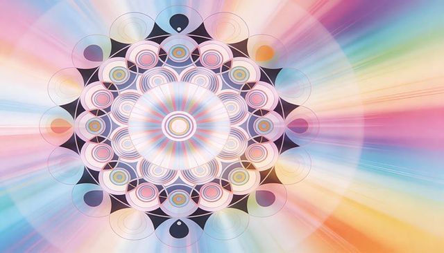 Radiant Geometric Mandala Emitting Pastel Sunburst and Concentric Rings