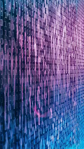 Vertical video sliding across LED binary grid with neon gradient ripple and glowing digits