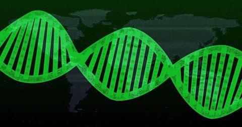 Green dna strand overlaying world map highlighting global biotechnology