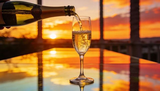 Champagne pouring into flute at golden sunset on balcony glass table with palm reflections
