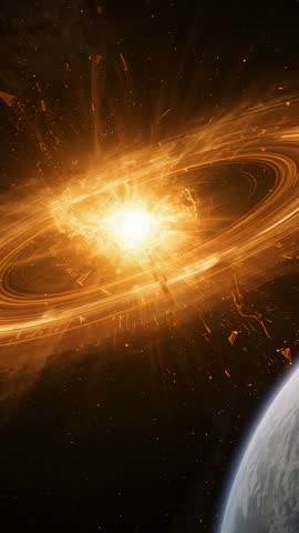 Vertical cinematic video showing fiery accretion disk exploding near rocky planet debris shower