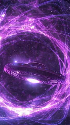 Vertical Sci-Fi Video UFO Entering Purple Energy Vortex, Craft Gliding Into Portal