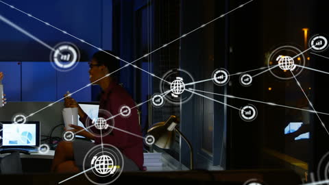 Business Team Working Late with Innovative Global Network