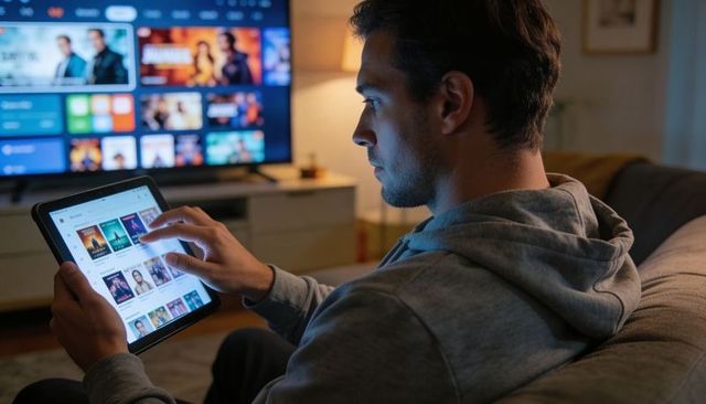 Young man browsing streaming library on tablet while relaxing on sofa in evening light