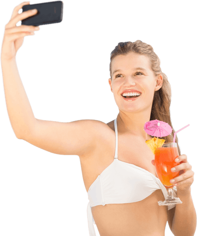 Woman Taking Selfie in Swimsuit with Cocktail Transparent Background