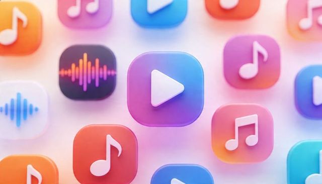 Glowing central play button surrounded by pastel music and waveform icons in glossy beveled grid