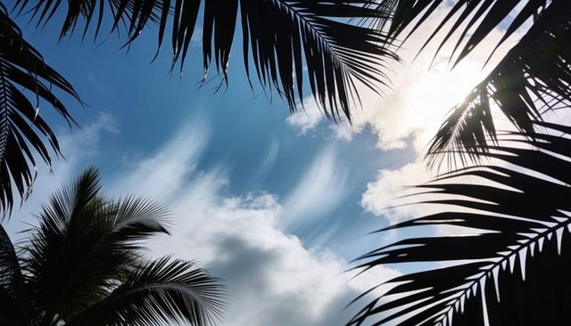 Silhouetting palm fronds framing bright blue sky with sunburst over tropical canopy