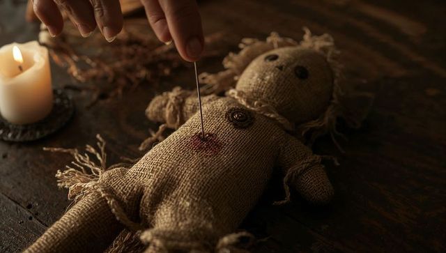 Burlap voodoo doll being pinned with needle in candlelit ritual on rustic wooden table