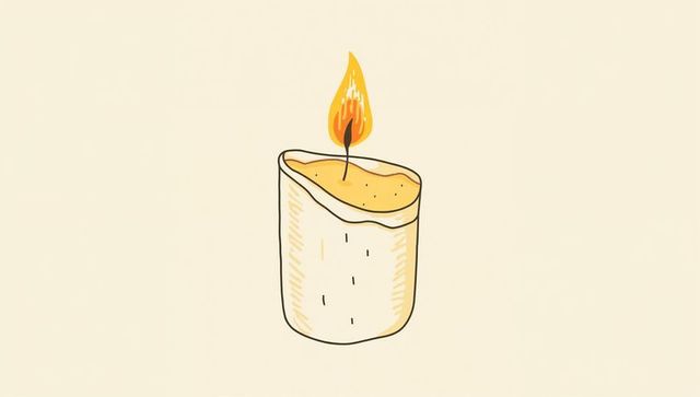 Flickering hand-drawn candle revealing melted wax pool on beige canvas, minimal lineart