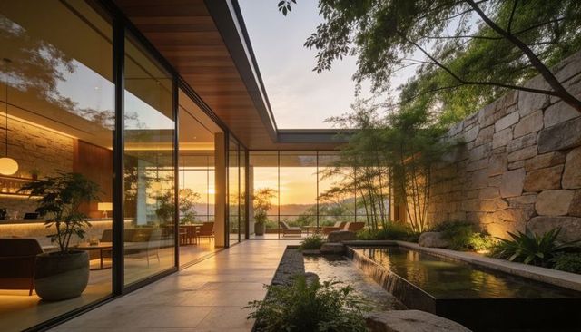 Sunset courtyard retreat featuring reflective cascade pool, glass walls and bamboo garden