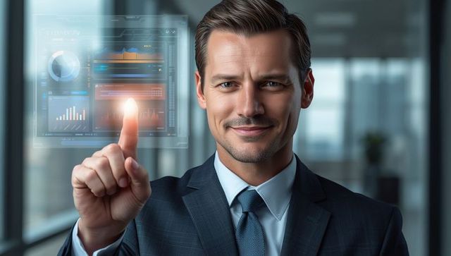 Business Executive Interacting with Futuristic Holographic Data in Office