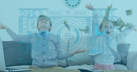 Joyful kids celebrating digital wealth with technology interface