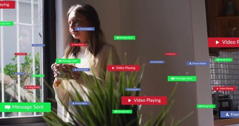 Woman Enjoying Coffee with Digital Social Media Interaction Notifications