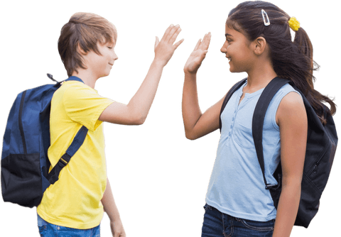 Diverse schoolchildren high-fiving on transparent background