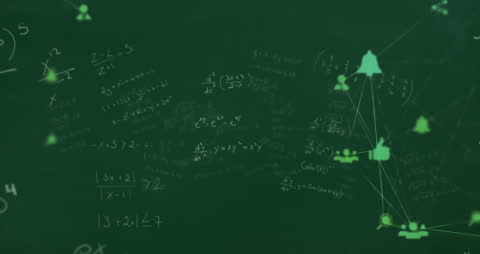 Digital Network Animation with Mathematical Equations on Green Background