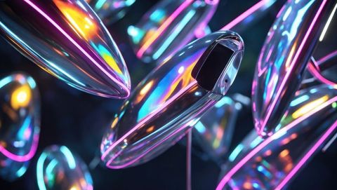 Futuristic metallic pods with neon glow in dark space