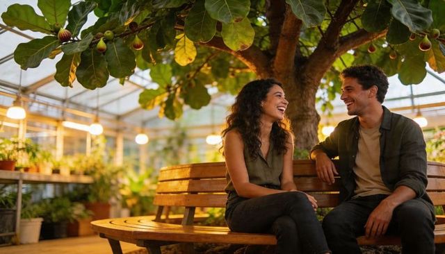 Couple laughing on circular bench under fig tree in warm greenhouse with hanging lights