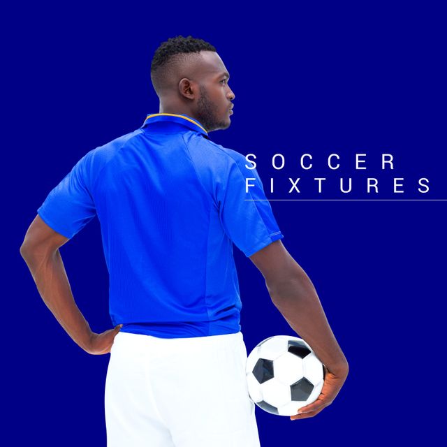 Composition of soccer fixtures text over african american male football player with ball. Football, soccer, sports and competition concept.