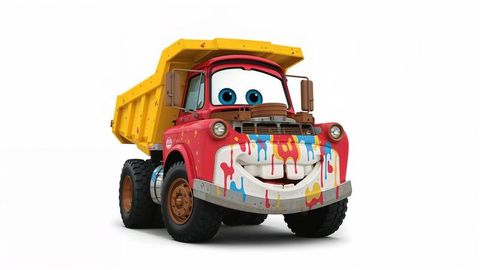 Colorful dumper truck cartoon with expressive eyes and paint drips