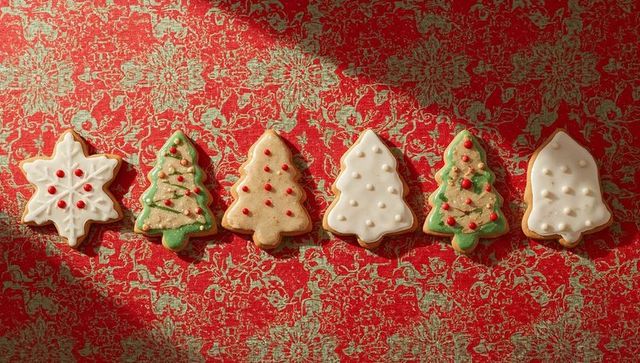 Iced christmas cookies lined on red-gold damask backdrop for festive holiday baking