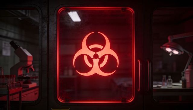 Glowing biohazard symbol illuminating sealed lab door with microscope silhouette