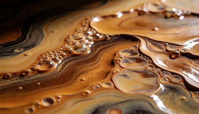 Iridescent bronze liquid marble with clustered bubbles and metallic flecks macro texture