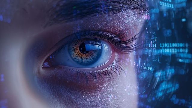 Close-up of Human Eye in Futuristic Digital Landscape