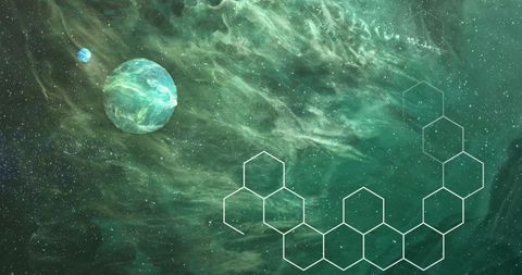 Abstract cosmic landscape with planets and hexagons