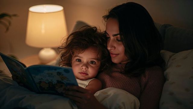 Mother and Daughter Sharing Bedtime Story Under Lamp Light