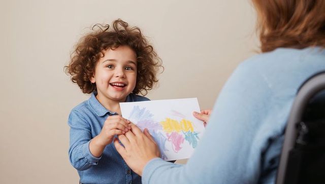 Curly-haired child presenting colorful artwork to parent