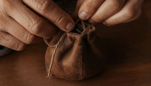 Hands opening suede coin pouch with twine drawstring closeup leather texture warm tones