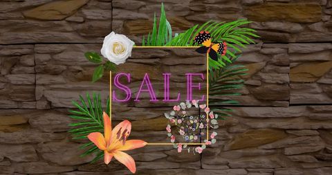 Neon Sale Sign with Vibrant Floral Frame on Stone Wall