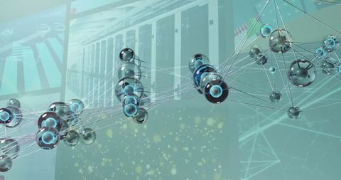 Futuristic network of linked metallic spheres over data servers