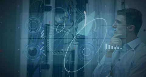 Technician Analyzing Data Overlays in Futuristic Server Room