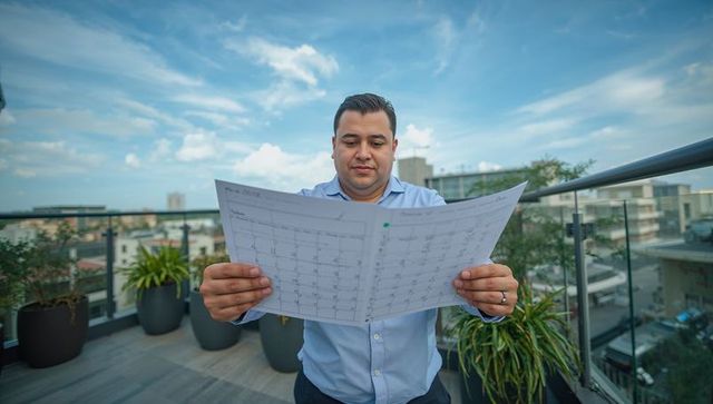Business professional reading foldout calendar on rooftop balcony with city and greenery